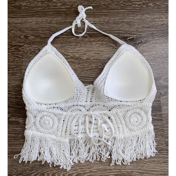New Small White Crochet Knit‎ Fringe Halter Top Cami Crop Tank Padded Lined - Picture 4 of 4